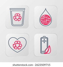 Set line Eco naturaleza hoja y batería, corazón amigable, planeta Tierra en gota de agua y papelera de reciclaje con icono de reciclaje. Vector