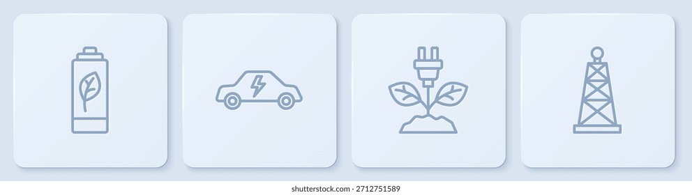 Set line Eco nature leaf battery, Electric saving plug in, car and Oil rig. White square button. Vector