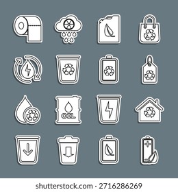 Set line Eco folha natureza e bateria, Casa com reciclagem, Etiqueta de reciclagem, Bio combustível lata, Lixeira, água limpa, rolo de papel higiênico e ícone da bateria. Vetor