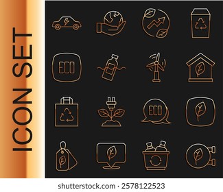 Set line Eco shop, Leaf symbol, friendly house, Electric saving plug in leaf, The problem of pollution, car and Wind turbine icon. Vector