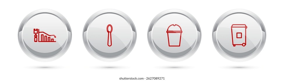 Set line Ecology infographic, Disposable plastic spoon, Paper glass water and Trash can. Silver circle button. Vector