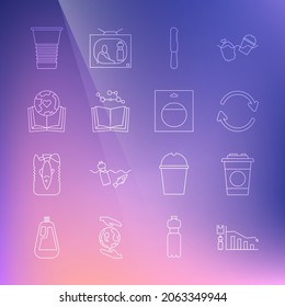 Set line Ecology infographic, Paper glass, Refresh, Disposable plastic knife, Open book, Earth globe and,  and Battery pack icon. Vector