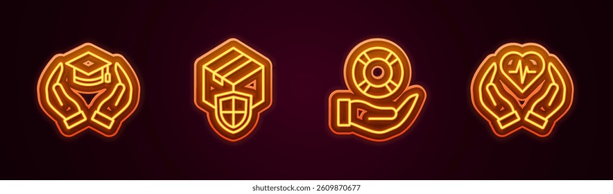 Set line Education grant, Delivery security with shield, Lifebuoy in hand and insurance. Glowing neon icon. Vector