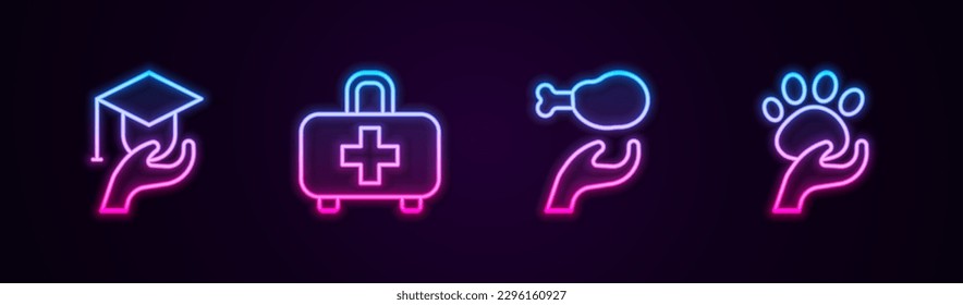 Set line Education grant, First aid kit, Donation food and Animal volunteer. Glowing neon icon. Vector