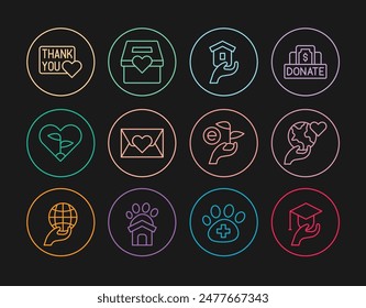 Set line Education grant, Hand holding Earth globe, Shelter for homeless, Envelope with heart, Leaf, Thank you, hand and Donation charity icon. Vector
