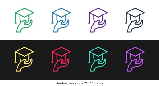 Set line Education grant icon isolated on black and white background. Tuition fee, financial education, budget fund, scholarship program, graduation hat.  Vector