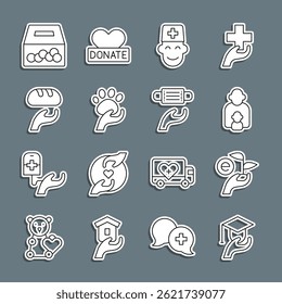 Set line Education grant, Leaf in hand, Taking care of children, Male doctor, Animal volunteer, Donation food, charity and Medical protective mask icon. Vector