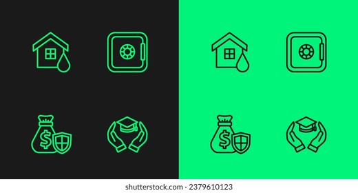 Set line Education grant, Money bag with shield, House flood and Safe icon. Vector