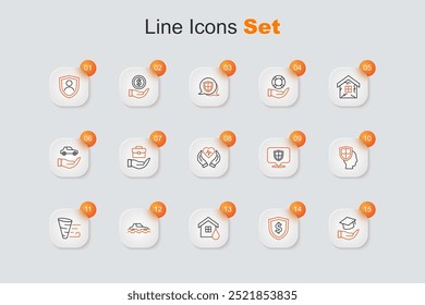 Set line Education grant, Shield with dollar, House flood, Flood car, Tornado, Life insurance shield, Location and  icon. Vector