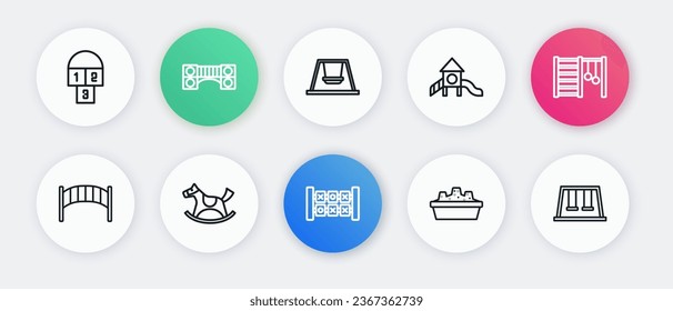 Set line Education logic game, Swedish wall, Playground kids bridge, Sandbox with sand, Slide playground, Swing for, Swings and Horse saddle swing icon. Vector
