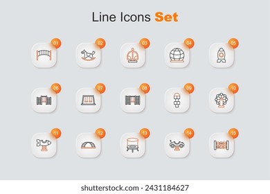 Set line Education logic game, Swing car, Jumping trampoline, Monkey bar, plane, for kids, Hopscotch and Swedish wall icon. Vector