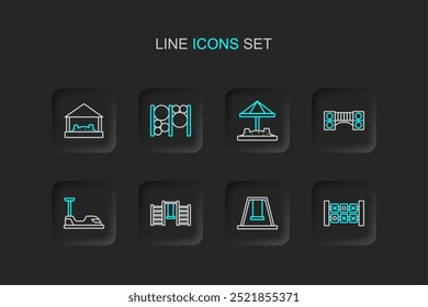 Set line Jogo de lógica de educação, Swing para crianças, parede sueca, Bumper carro, Playground bridge, Sandbox com areia, equipamento de escalada e ícone. Vetor