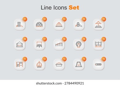 Set line Education logic game, Swing for kids, Sandbox with sand, Attraction carousel, Playground climbing equipment, Kid playground slide pipe,  and Sport horizontal bar icon. Vector