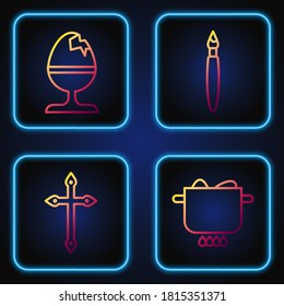 Set line Egg in hot pot, Christian cross, Chicken egg on a stand and Paint brush. Gradient color icons. Vector