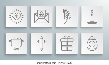 Set line Egg in hot pot, Greeting card with Happy Easter, Christian cross, Gift box, egg, Willow leaf, Burning candle candlestick and heart icon. Vector