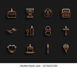 Set line Egg in hot pot, Easter cake and candle, Paint brush, Balloons with ribbon, Wine bottle glass, Christian cross and Broken egg icon. Vector