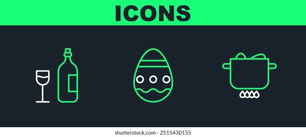 Set line Egg in hot pot, Wine bottle with glass and Easter egg icon. Vector