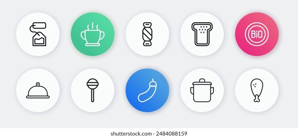 Set line Eggplant, Banner for bio, Covered with tray of food, Cooking pot, Bread toast, Candy, Chicken leg and Lollipop icon. Vector