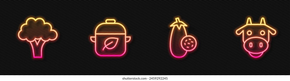 Set line Eggplant, Broccoli, Vegan food diet and Cow head. Glowing neon icon. Vector