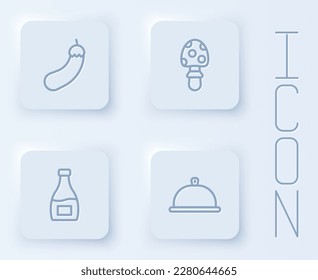 Set line Eggplant, Fly agaric mushroom, Sauce bottle and Covered with tray of food. White square button. Vector