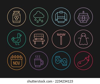 Set line Eggplant, Ghost, Sweater, Bench, Dove, Jar of honey, Garden rake and Cloud with rain icon. Vector