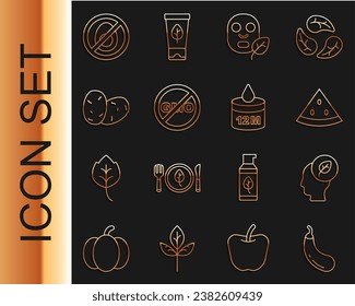 Set line Eggplant, Human head with leaf inside, Watermelon, Facial cosmetic mask, No GMO, Potato, meat and Organic icon. Vector