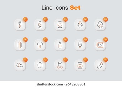 Set line Eggplant, Jam jar, Fresh berries, Lemon, Chicken egg, Cheese, Ice cream and Bottle of wine icon. Vector