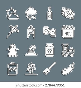 Set line Eggplant, Tractor, November calendar autumn, Bottle of wine, Winter hat, Kite, Sun and cloud weather and Christmas mitten icon. Vector