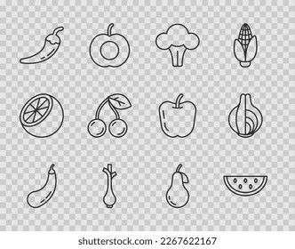 Set line Eggplant, Watermelon, Broccoli, Fresh green onions, Hot chili pepper pod, Cherry, Pear and Onion icon. Vector