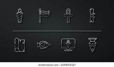 Set line Egypt mummy, Papyrus scroll, Cross ankh, Butterfly fish, Flag Of, Egyptian vase and  icon. Vector