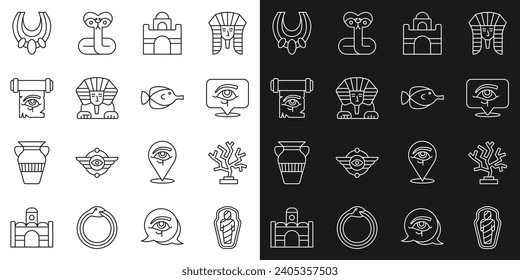 Set line Egypt mummy in sarcophagus, Coral, Eye of Horus, Egyptian house, Sphinx, on papyrus scroll, necklace and Butterfly fish icon. Vector