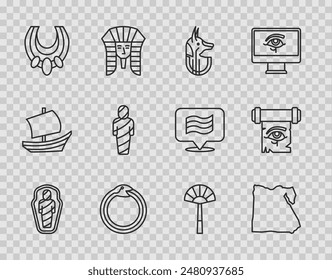 Set line Egypt mummy in sarcophagus, Map of, Egyptian anubis, Magic symbol Ouroboros, necklace, fan and Eye Horus on papyrus scroll icon. Vector