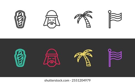 Set line Egypt mummy in sarcophagus, Egyptian man, Tropical palm tree and Flag Of on black and white. Vector