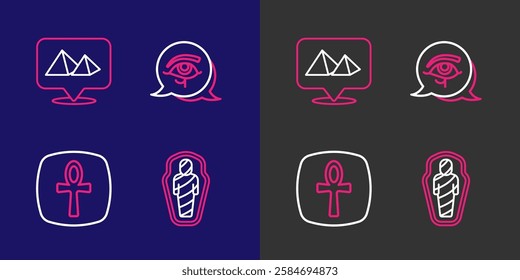 Set line Egypt mummy in sarcophagus, Cross ankh, Eye of Horus and pyramids icon. Vector