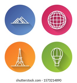 Set line Egypt pyramids, Earth globe, Eiffel tower and Hot air balloon. Color circle button. Vector