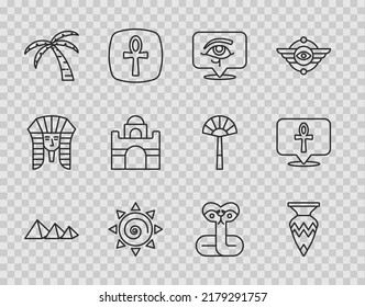 Set line Egypt pyramids, Egyptian vase, Eye of Horus, Sun, Tropical palm tree, house, Snake and Cross ankh icon. Vector