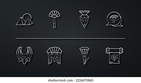 Set line Egypt pyramids, Egyptian necklace, Eye of Horus, lotus, pharaoh, fan, on papyrus scroll and vase icon. Vector