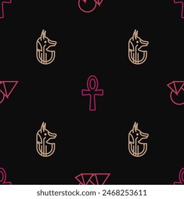 Set line Egypt pyramids, Egyptian anubis and Cross ankh on seamless pattern. Vector