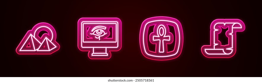 Set line Egypt pyramids, Eye of Horus on monitor, Cross ankh and Papyrus scroll. Glowing neon icon. Vector