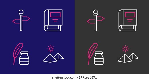 Set line Egypt pyramids, Feather and inkwell, History book and Road traffic signpost icon. Vector