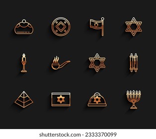 Set line Egypt pyramids, Flag of Israel, Jewish sweet bakery, kippah with star david, Hanukkah menorah, Smoking pipe smoke, Torah scroll and Star David icon. Vector