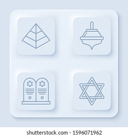 Set line Egypt pyramids, Hanukkah dreidel, Tombstone with star of david and Star of David. White square button. Vector