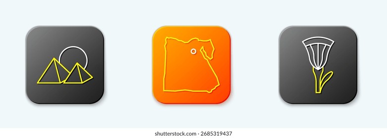 Set line Egypt pyramids, Map of and Egyptian lotus icon. Vector