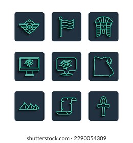 Set line Egypt pyramids, Papyrus scroll, Cross ankh, Egyptian pharaoh, Eye of Horus, on monitor, symbol Winged sun and Map icon. Vector