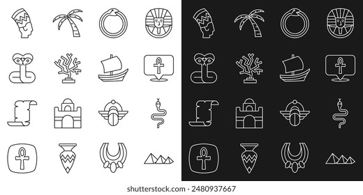 Set line Egypt pyramids, Snake, Cross ankh, Magic symbol of Ouroboros, Coral, Nefertiti and Egyptian ship icon. Vector