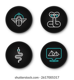 Set line Egypt pyramids, Snake,  and Tropical palm tree icon. Vector