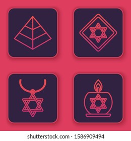 Set line Egypt pyramids, Star of David necklace on chain, Star of David and Burning candle in candlestick with star of david. Blue square button. Vector
