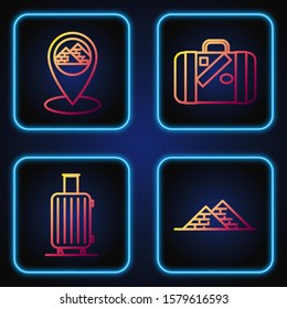 Set line Egypt pyramids, Suitcase for travel, Map pointer with Egypt pyramids and Suitcase for travel and stickers. Gradient color icons. Vector