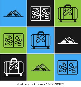 Set line Egypt pyramids, Suitcase for travel and stickers and Passport pages with visa stamps icon. Vector