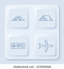 Set line Egypt pyramids, Tourist tent, Airline ticket and Plane. White square button. Vector